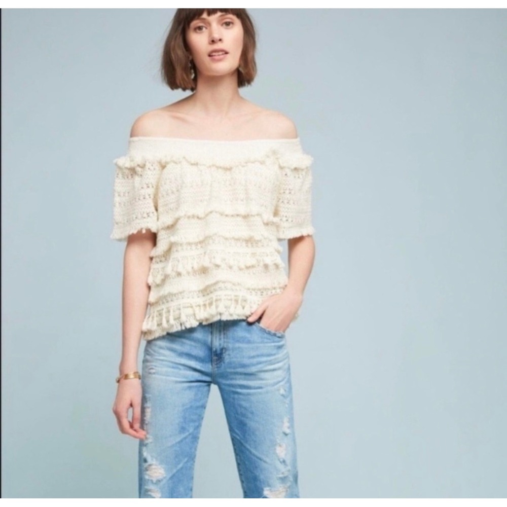 LOVE‎ SAM Anthropologie Fringe Crochet Off Shoulder Top Size Med Petite